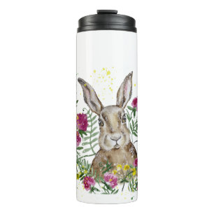 Cute bunny in watercolor flowers thermal tumbler