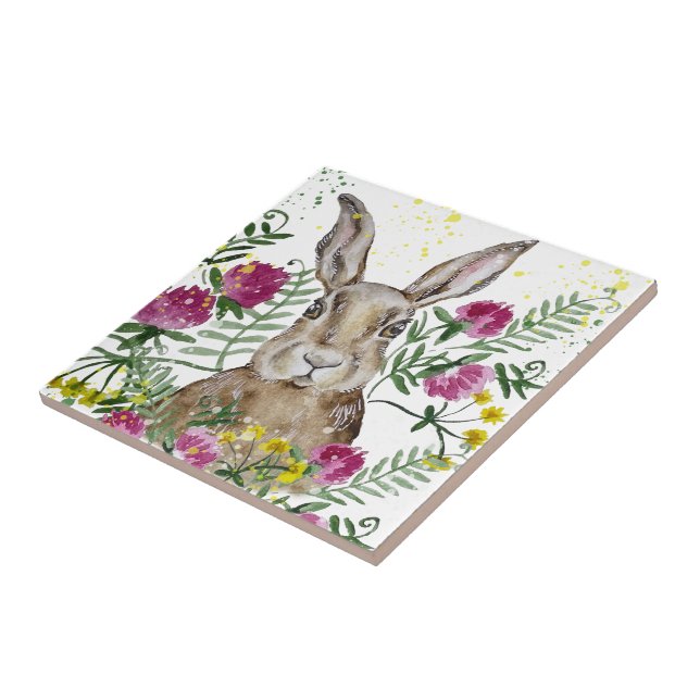Cute bunny in watercolor flowers tile (Side)