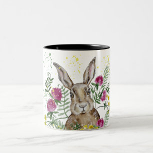Cute bunny in watercolor flowers Two-Tone coffee mug