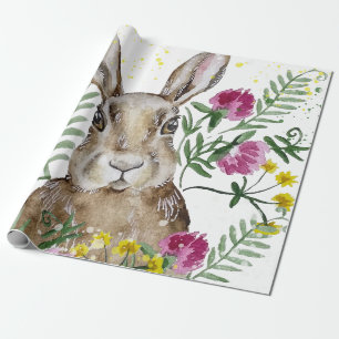 Cute bunny in watercolor flowers wrapping paper
