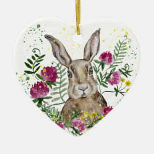 Cute bunny in watercolour flowers ceramic tree decoration