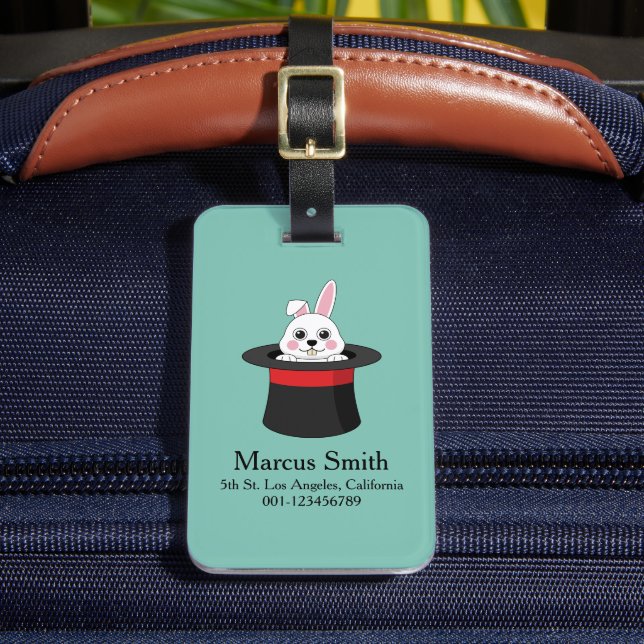 Cute Bunny in Wizard Hat Personalise Luggage Tag (Front Insitu 2)