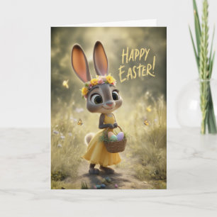 Cute Bunny in Yellow w/ Happy Easter Basket Card