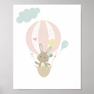 Cute Bunny InPink Hot Air Balloon Nursery Poster