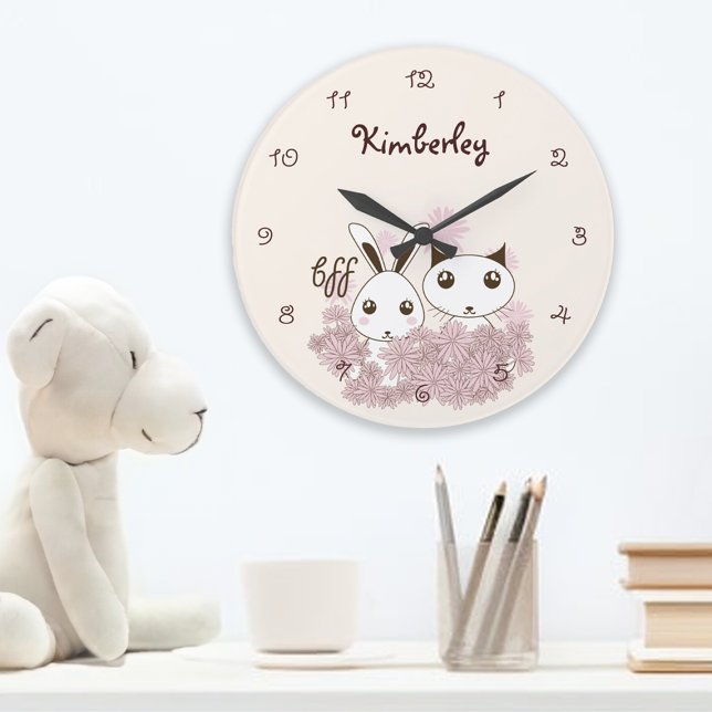 Cute Bunny Kitten Animal Friends Girls Kids Large Clock (Creator Uploaded)