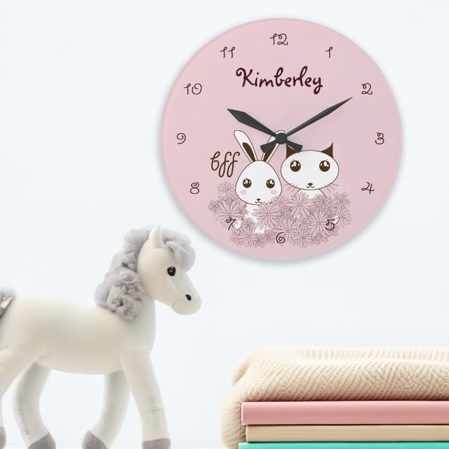 Cute Bunny Kitten Animal Friends Pink Girls Kids Large Clock (Creator Uploaded)