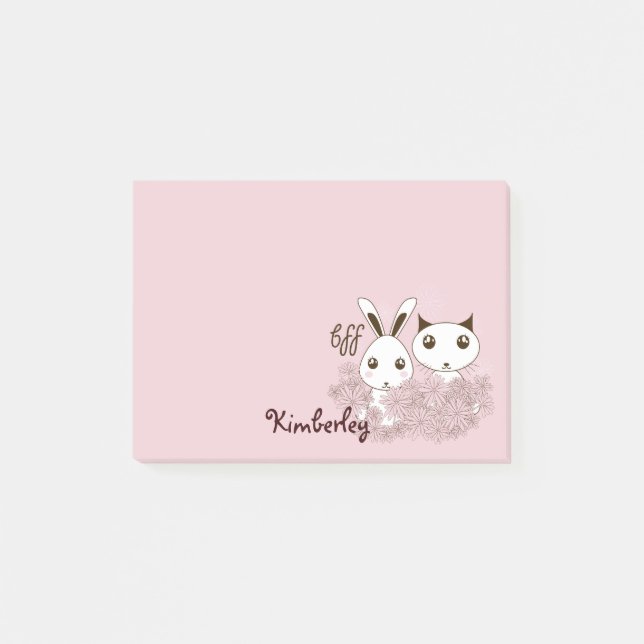 Cute Bunny Kitten Animal Friends Pink Girls Kids Post-it Notes (Front)
