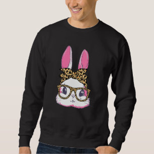 Cute Bunny Leopard Messy Bun Glasses Headband Happ Sweatshirt