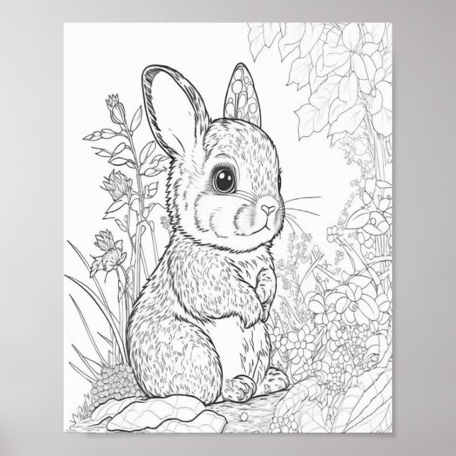 Cute Bunny Line Art Colour Me In Project for Kids Poster (Front)