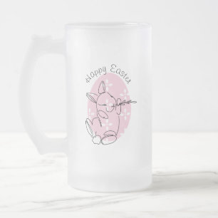 Cute Bunny Line Art Pink Egg Spring   Frosted Glass Beer Mug
