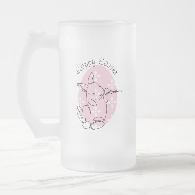 Cute Bunny Line Art Pink Egg Spring   Frosted Glass Beer Mug (Left)