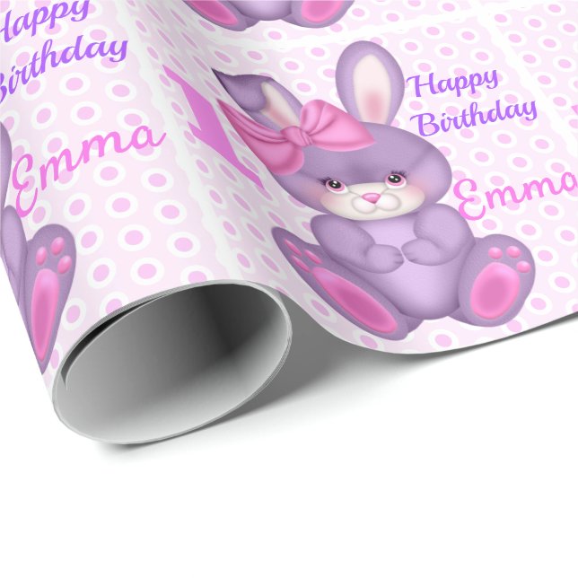 Cute Bunny Little Girls Pink & Lavender Name Age Wrapping Paper (Roll Corner)