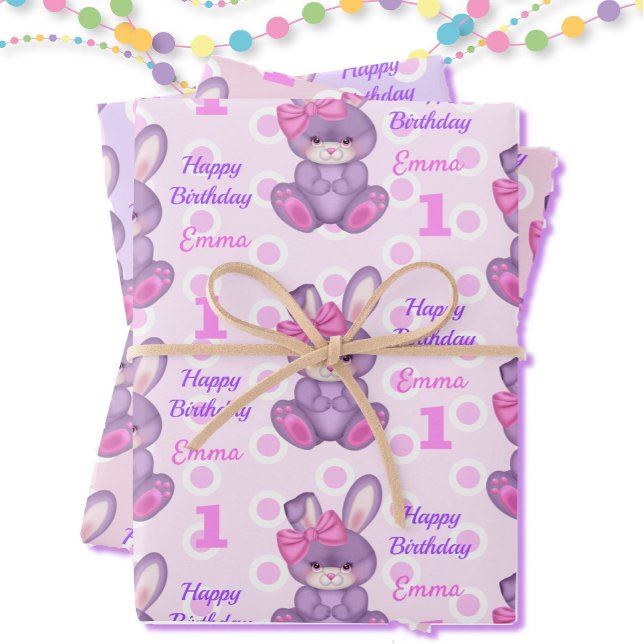 Cute Bunny Little Girls Pink & Lavender Name Age Wrapping Paper Sheet (Creator Uploaded)