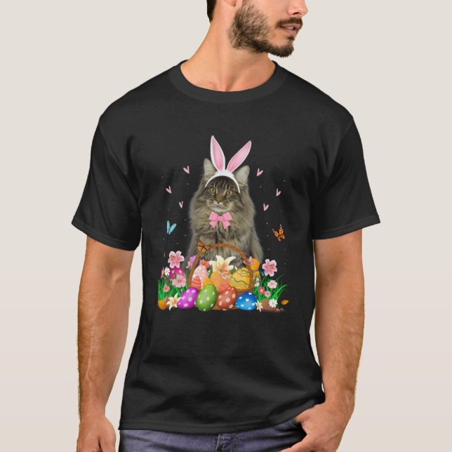 Cute Bunny Maine Coon Cat With Easter Egg Basket E T-Shirt (Front)