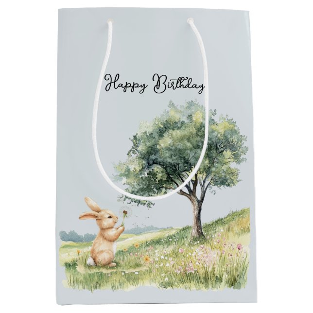 Cute Bunny Meadow with Tree Birthday Medium Gift Bag (Front)