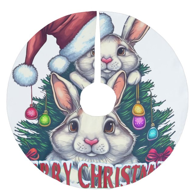 Cute Bunny Merry Christmas – Holiday Rabbit Brushed Polyester Tree Skirt (Front)