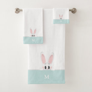 Cute Bunny & Monogram on Light Blue Teal & White Bath Towel Set