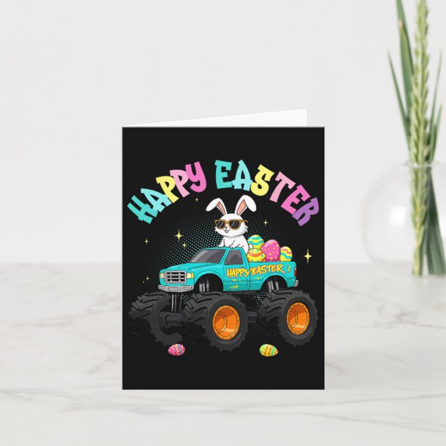 Cute Bunny Monster Truck Happy Easter For Kids Boy Card (Front)