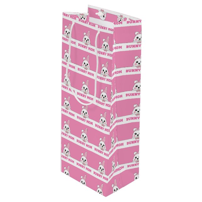 Cute Bunny Mum Pink Pattern Wine Gift Bag (Front Angled)