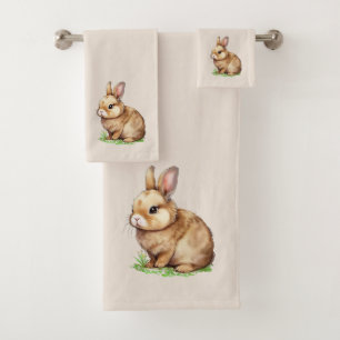 Cute Bunny on Light Sand Beige Bath Towel Set