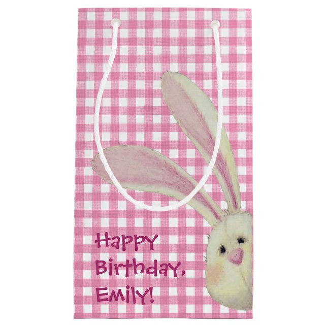 cute bunny on pink gingham small gift bag (Front)