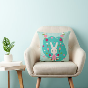 Cute Bunny on Swing Flowers Red Blue Hearts Cushion