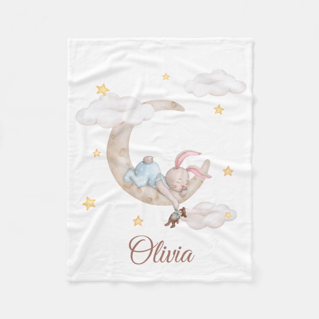 Cute Bunny on the Moon Personalised Baby Blanket (Front)