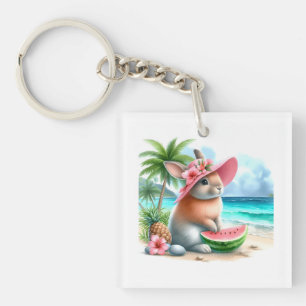 Cute Bunny on Tropical Beach with Watermelon, Pine Key Ring