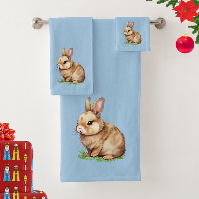 Cute Bunny on Wondrous Light Blue Bath Towel Set (Creator Uploaded)