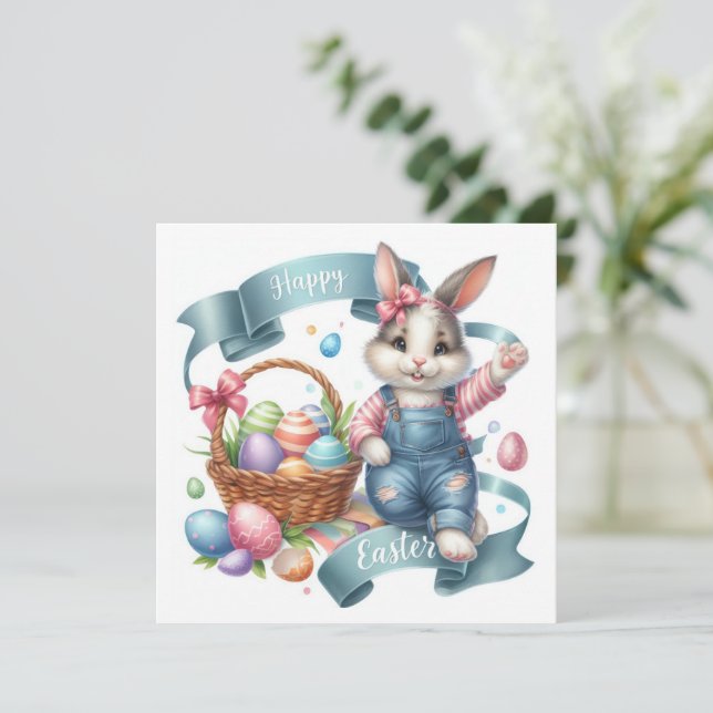 Cute Bunny Overalls Illustration Easter Holiday Card (Standing Front)