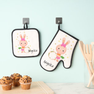 Cute, Bunny, paddle, birthday, greeting, invitati Oven Mitt & Pot Holder Set