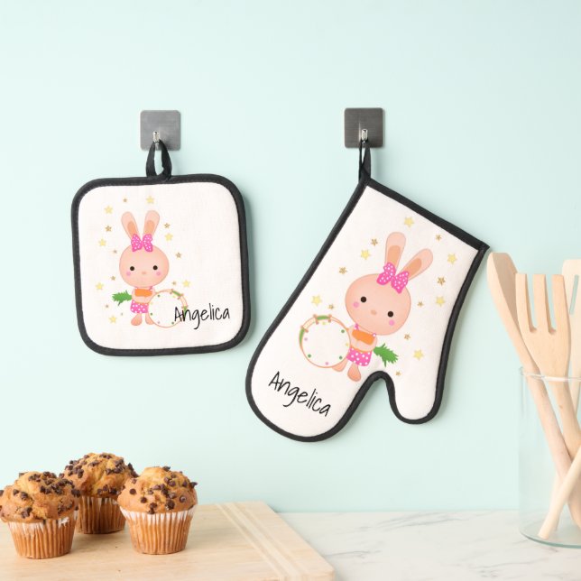Cute, Bunny, paddle, birthday, greeting, invitati Oven Mitt & Pot Holder Set (Insitu(Hanging))