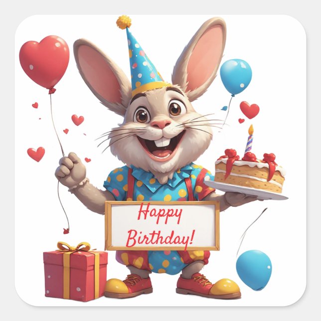 Cute Bunny Party With Blank Message Sign 🎂 Square Sticker (Front)