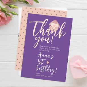  Cute Bunny Pastel  Purple 1st Birthday Party Thank You Card