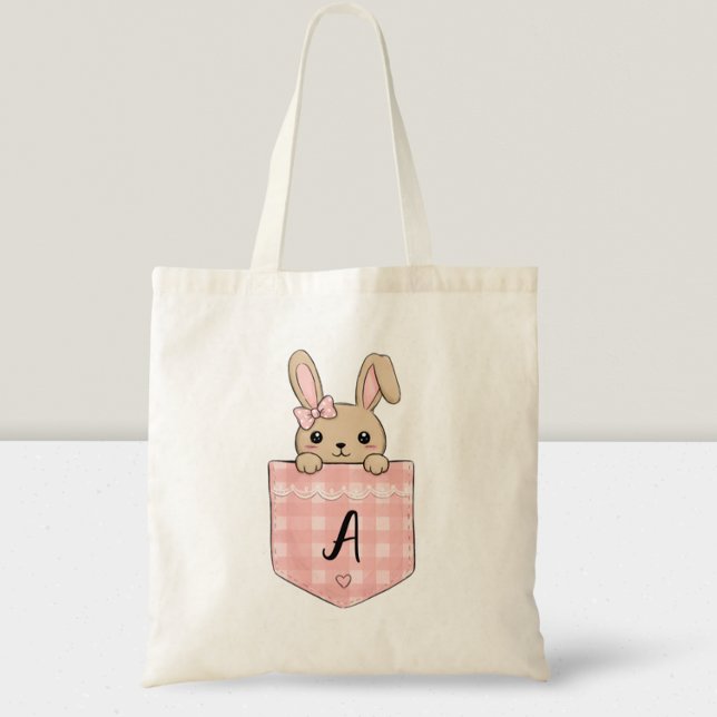 Cute Bunny Peeking from Pocket with initial Tote Bag (Creator Uploaded)