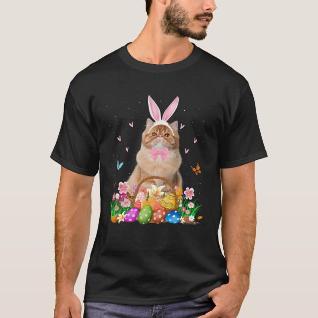 Cute Bunny Persian Cat & Easter Egg Basket Easter  T-Shirt (Front)