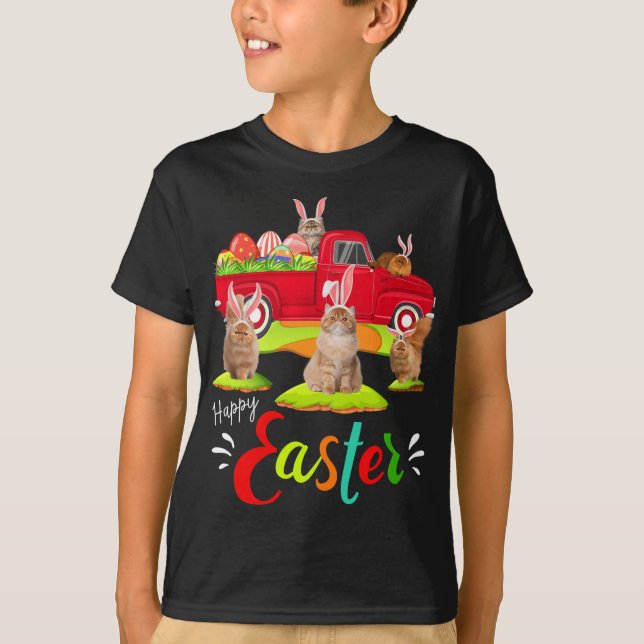 Cute Bunny Persian Cats Riding Red Truck Happy Eas T-Shirt (Front)