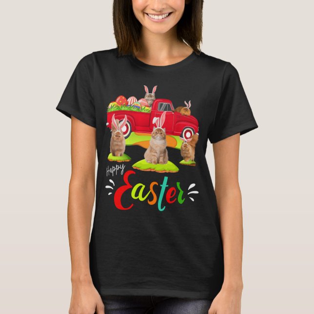 Cute Bunny Persian Cats Riding Red Truck Happy Eas T-Shirt (Front)