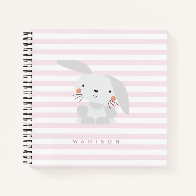 Cute Bunny - Personalised Pink Striped Kids Notebook (Front)