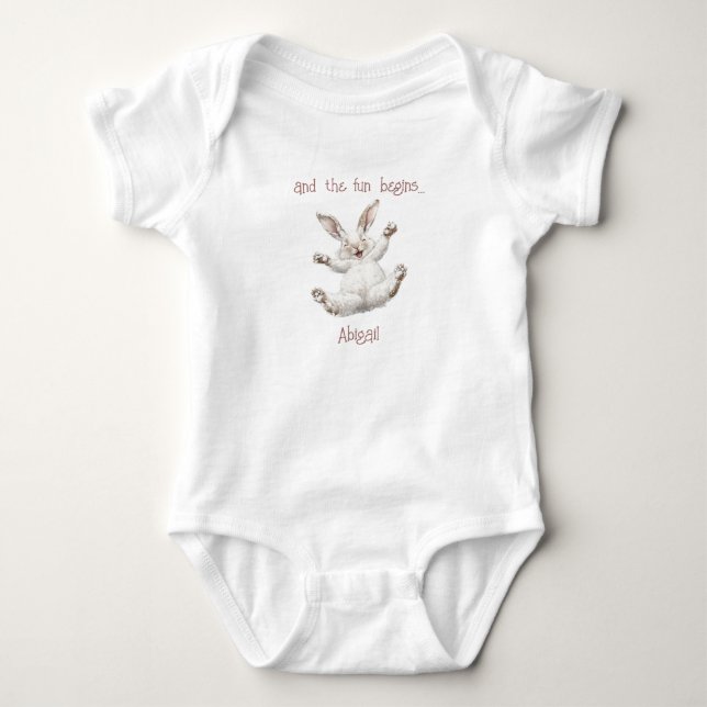 Cute Bunny Personalized And the Fun Begins Baby Bodysuit (Front)