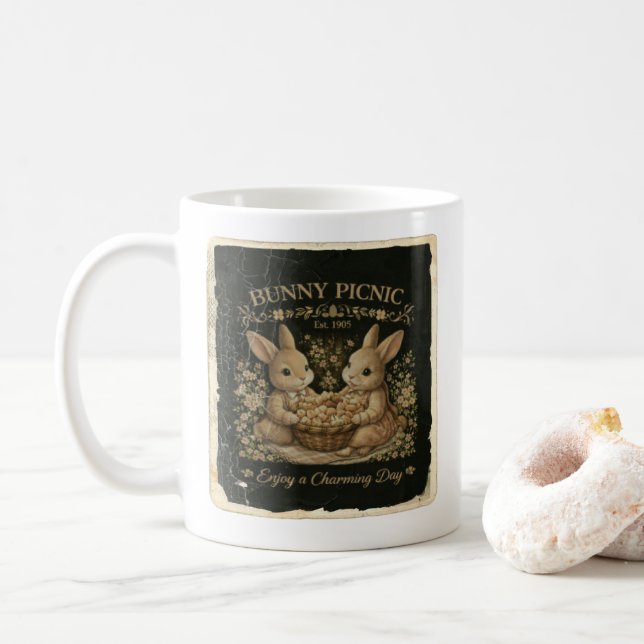 Cute Bunny Picnic Art Coffee Mug (With Donut)