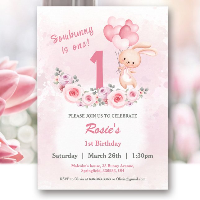 Cute Bunny Pink 1st Birthday Girl Floral Invitation (Cute Bunny Pink 1st Birthday Girl Floral Invitation)