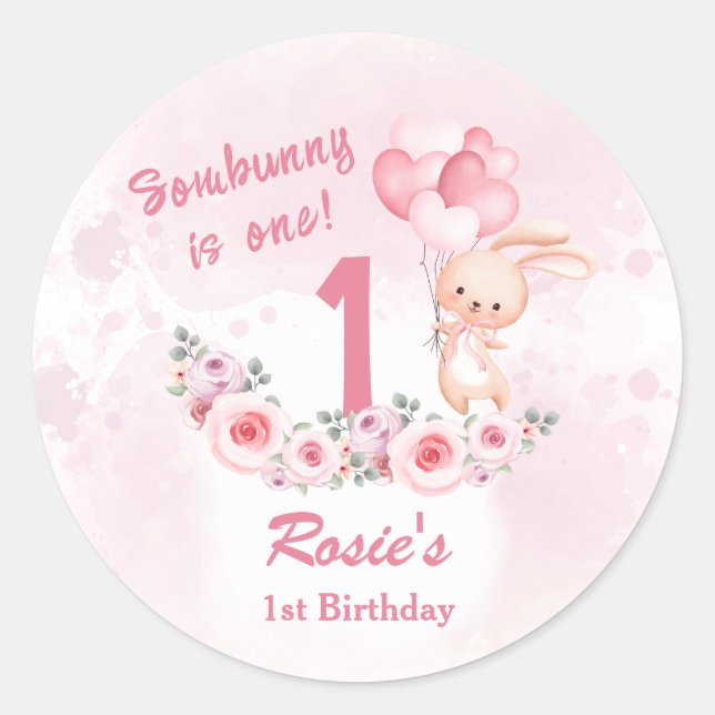 Cute Bunny Pink 1st Birthday Girl Floral Spring Classic Round Sticker (Front)