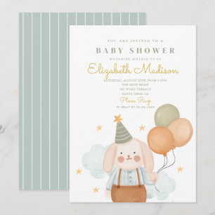 Cute Bunny Pink & Baloons Cloud Baby Shower Invitation