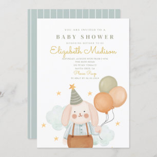 Cute Bunny Pink & Baloons Cloud  Baby Shower  Invitation