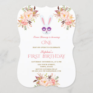 Cute Bunny Pink Blush Flowers Girl 1st Birthday Invitation