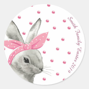 Cute Bunny Pink Bow design Classic Round Sticker