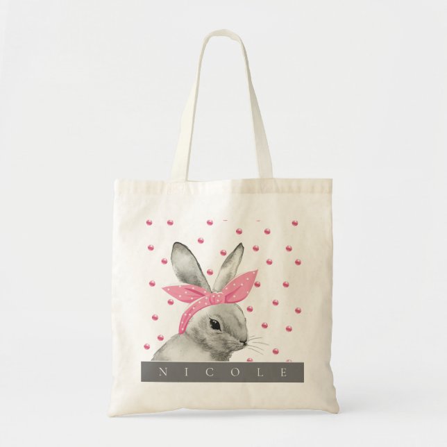 Cute Bunny Pink Bow Personalised Tote Bag (Front)