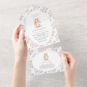 Cute Bunny, Pink Bow, Pink Flowers, Baby Shower All In One Invitation