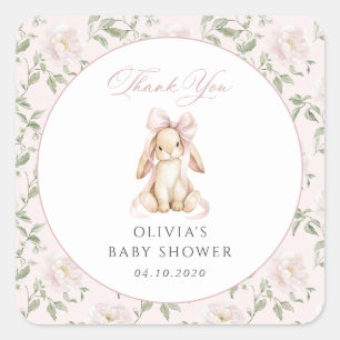 Cute Bunny, Pink Bow, Pink Flowers, Baby Shower Square Sticker